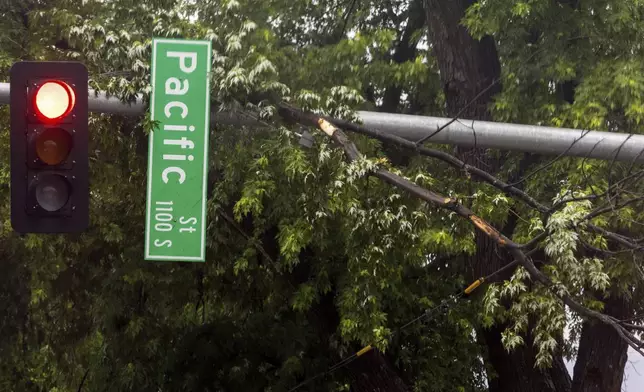 An early-morning storm knock tree branches onto the Pacific Street sign on 42nd Street in Omaha, Neb. on Tuesday, May 21, 2024. (Chris Machian /Omaha World-Herald via AP)