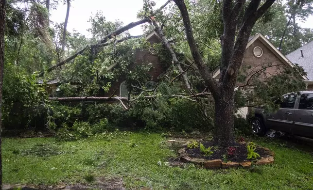 A fallen tree is shown fallen on a house during a severe storm, Thursday, May 2, 2024, in Spring, Texas. (Brett Coomer/Houston Chronicle via AP)