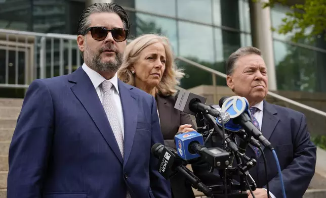 Jail consultant Craig Rothfeld, left, speaks alongside Diana Fabi Samson, center, and John Esposito, right, attorney's for Harvey Weinstein, outside Queens criminal court, Thursday, May 9, 2024, in New York. Harvey Weinstein returned to court in New York City as authorities consider an extradition request from California to serve his sentence for a 2022 rape conviction. The 16-year sentence Weinstein received for raping a woman at a Los Angeles film festival in 2013 had been on ice while he served time in New York. (AP Photo/Julia Nikhinson)