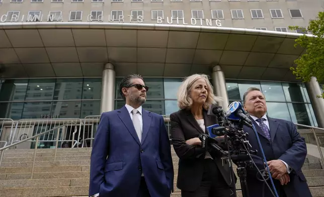 Diana Fabi Samson, center, and John Esposito, right, attorney's for Harvey Weinstein along with jail consultant Craig Rothfeld, speak outside Queens criminal court, Thursday, May 9, 2024, in New York. Harvey Weinstein returned to court in New York City as authorities consider an extradition request from California to serve his sentence for a 2022 rape conviction. The 16-year sentence Weinstein received for raping a woman at a Los Angeles film festival in 2013 had been on ice while he served time in New York. (AP Photo/Julia Nikhinson)