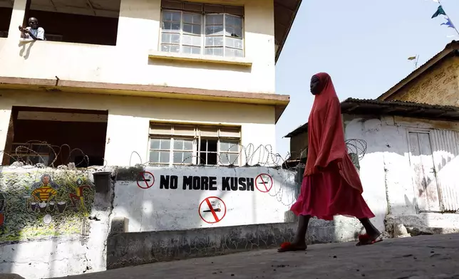 A girl walks past a 'No more Kush' warning on a wall on Bombay Street in Freetown, Sierra Leone, Saturday, April 25, 2024. Sierra Leone declared a war on the cheap synthetic drug, calling it an epidemic and a national threat. The drug is ravaging youth, and healthcare services are severely limited. (AP Photo/ Misper Apawu)