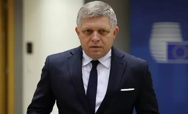 FILE - Slovakia's Prime Minister Robert Fico arrives to a round table meeting at an EU summit in Brussels, Thursday, Feb. 1, 2024. Media reports say on Wednesday, May 15, 2024 that Slovakia’s populist Prime Minister Robert Fico was injured in a shooting and taken to hospital. (AP Photo/Geert Vanden Wijngaert, File)