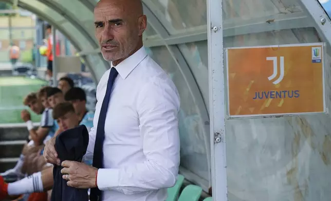 Paolo Montero stands by the bench in Sassuolo, Italy, on June 2, 2023. Juventus Under-19 coach Paolo Montero will take charge of the senior team for the final two matches of the season after Massimiliano Allegri was fired last week. The 52-year-old Montero has never coached a Serie A team and will take charge of his first training session on Sunday before the team plays at Bologna the following day. (Spada/LaPresse via AP)
