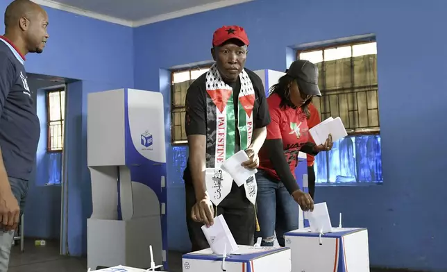 Opposition Economic Freedom Fighters (EFF) leader Julius Malema, casts his vote at a polling station in Polokwane, South Africa, Wednesday, May 29, 2024. South Africans have begun voting in an election seen as their country's most important in 30 years, and one that could put their young democracy in unknown territory. (AP Photo)