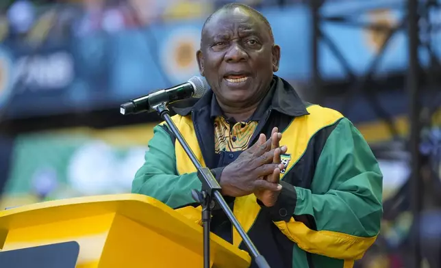 South African President Cyril Ramaphosa adresses African National Congress supporters at the Siyanqoba rally at FNB stadium in Johannesburg, South Africa, Saturday, May 25, 2024. South African will vote in the 2024 general elections May 29. (AP Photo/Jerome Delay)
