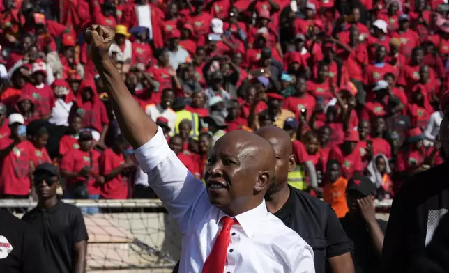Economic Freedom Fighters (EFF) leader Julius Malema arrives at a final election rally in Polokwane, South Africa, Saturday, May 25, 2024. South African will vote in the 2024 general elections May 29. (AP Photo/Themba Hadebe)