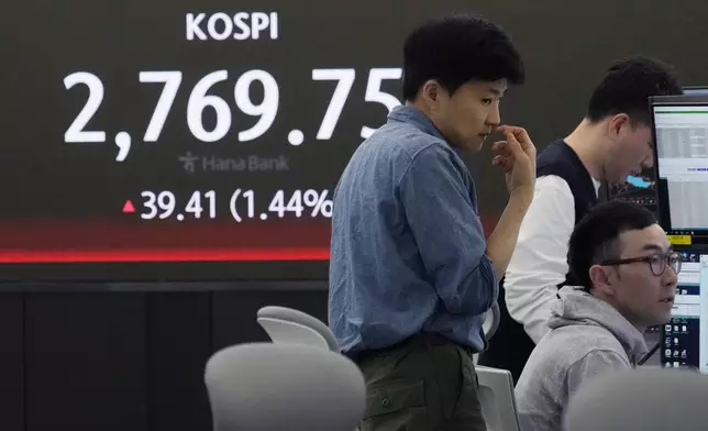 Currency traders work near the screen showing the Korea Composite Stock Price Index (KOSPI) at the foreign exchange dealing room of the KEB Hana Bank headquarters in Seoul, South Korea, Thursday, May 16, 2024. (AP Photo/Ahn Young-joon)