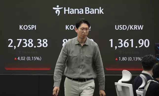A currency trader passes by the screen showing the Korea Composite Stock Price Index (KOSPI), left, and the foreign exchange rate between U.S. dollar and South Korean won, right, at the foreign exchange dealing room of the KEB Hana Bank headquarters in Seoul, South Korea, Wednesday, May 8, 2024. (AP Photo/Ahn Young-joon)