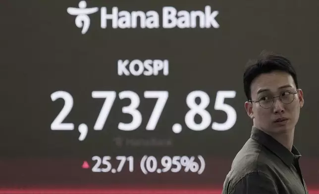 A currency trader works near the screen showing the Korea Composite Stock Price Index (KOSPI) at the foreign exchange dealing room of the KEB Hana Bank headquarters in Seoul, South Korea, Friday, May 10, 2024. (AP Photo/Ahn Young-joon)