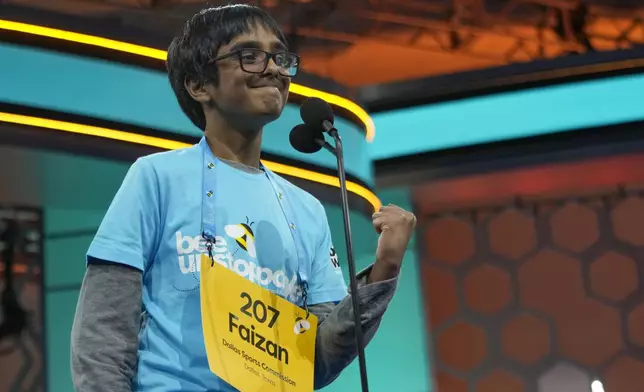 Faizan Zaki, 12, of Allen, Texas, competes in the finals of the Scripps National Spelling Bee, in Oxon Hill, Md., Thursday, May 30, 2024. (AP Photo/Jacquelyn Martin)