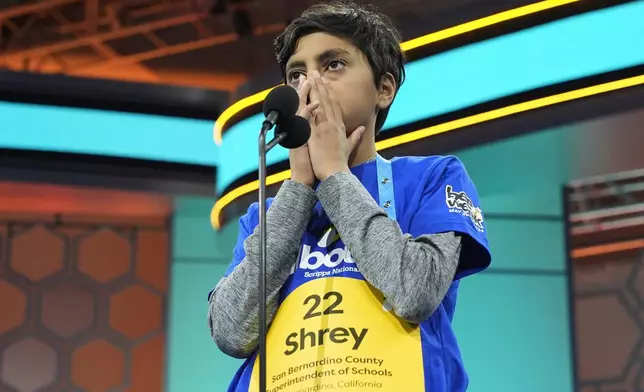 Shrey Parikh, 12, of Rancho Cucamonga, Calif., competes in the finals of the Scripps National Spelling Bee, in Oxon Hill, Md., Thursday, May 30, 2024. (AP Photo/Jacquelyn Martin)