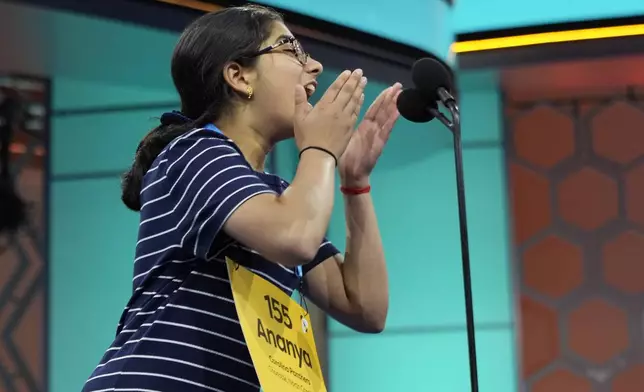 Ananya Rao Prassanna, 13, Apex, North Carolina, competes in the finals of the Scripps National Spelling Bee, in Oxon Hill, Md., Thursday, May 30, 2024. (AP Photo/Jacquelyn Martin)