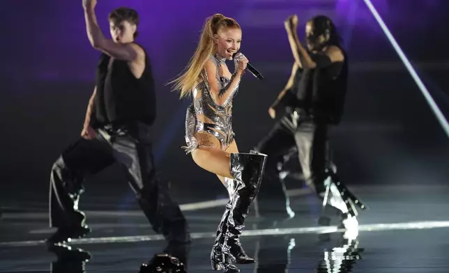 Kaleen of Austria performing the song We Will Rave during the dress rehearsal for the final at the Eurovision Song Contest in Malmo, Sweden, Friday, May 10, 2024. (AP Photo/Martin Meissner)