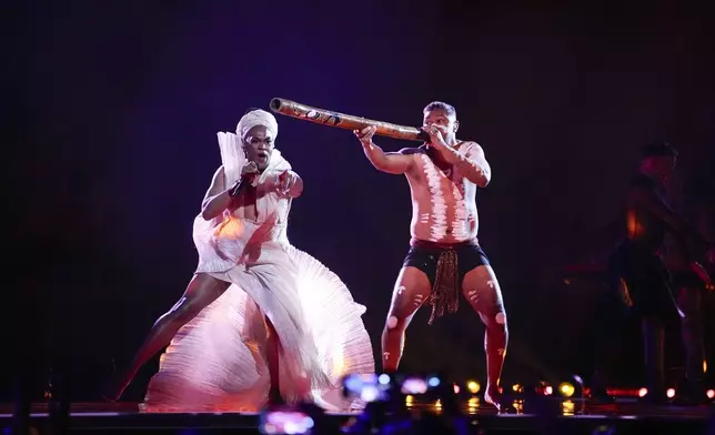 Electric Fields of Australia perform the song One Milkali (One Blood) during the first semi-final at the Eurovision Song Contest in Malmo, Sweden, Tuesday, May 7, 2024. (AP Photo/Martin Meissner)
