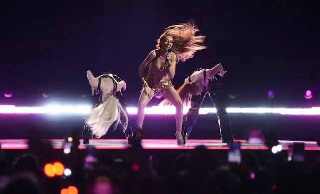 Eleni Foureira performs the song Fuego during the opening of the first semi-final at the Eurovision Song Contest in Malmo, Sweden, Tuesday, May 7, 2024. (AP Photo/Martin Meissner)