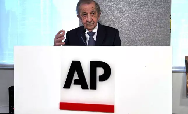 Louis Boccardi, who had been leading the Associated Press for two-and-half-months when Terry Anderson was kidnapped speaks at a memorial gathering for Anderson at the AP headquarters in New York, Wednesday, May 8, 2024. (AP Photo/Cedar Attanasio)