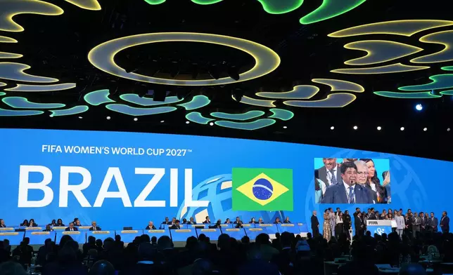 President of the Football Associated of Brazil Ednaldo Rodrigues, delivers his speech , after Brazil was chosen to host the 2027 Women's World Cup soccer at the FIFA Congress in Bangkok, Thailand, Friday, May 17, 2024.(AP Photo/Sakchai Lalit)