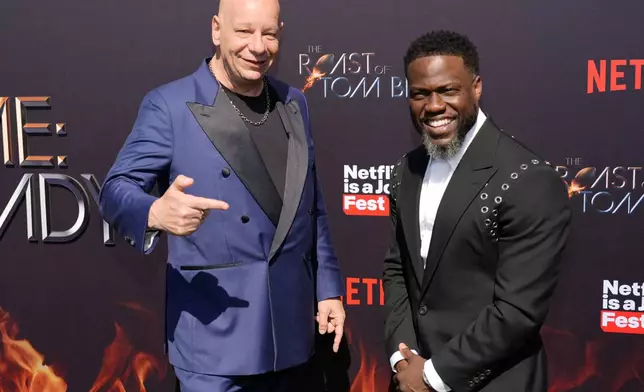 Comedian Jeff Ross, left, and host Kevin Hart pose together at "The Greatest Roast of All Time: Tom Brady" at the Kia Forum, Sunday, May 5, 2024, in Inglewood, Calif. (AP Photo/Chris Pizzello)
