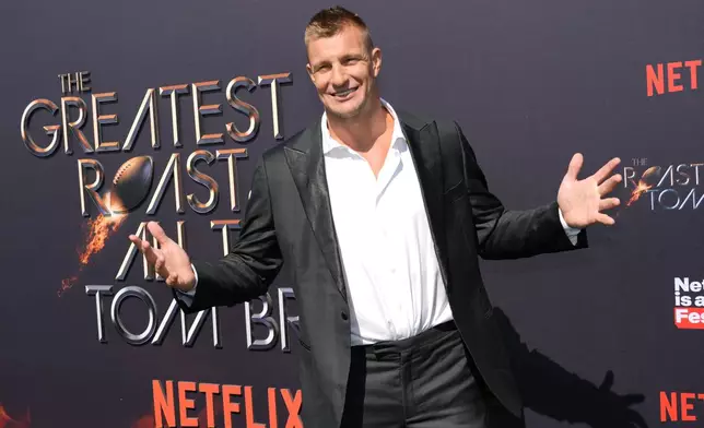 Retired NFL player Rob Gronkowski poses at "The Greatest Roast of All Time: Tom Brady" at the Kia Forum, Sunday, May 5, 2024, in Inglewood, Calif. (AP Photo/Chris Pizzello)