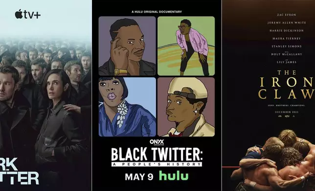 This combination of photos shows promotional art for "Dark Matter," left, "Black Twitter: A People's History," center, and "Iron Claw." (Apple TV+/Hulu/A24 via AP)