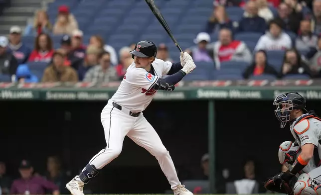 Cleveland Guardians' Kyle Manzardo bats in the second inning of a baseball game against the Detroit Tigers, Monday, May 6, 2024, in Cleveland. Tigers catcher Carson Kelly is at right. (AP Photo/Sue Ogrocki)