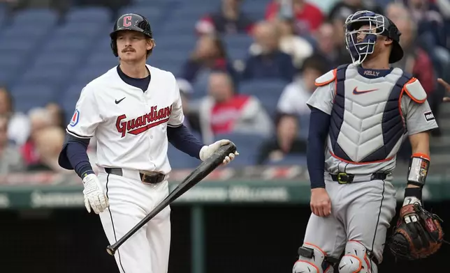 Cleveland Guardians' Kyle Manzardo, left, walks back to the dugout past Detroit Tigers catcher Carson Kelly, right, after striking out in the second inning of a baseball game Monday, May 6, 2024, in Cleveland. (AP Photo/Sue Ogrocki)