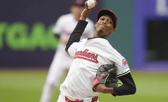 Cleveland Guardians' Triston McKenzie pitches in the second inning of a baseball game against the Detroit Tigers, Monday, May 6, 2024, in Cleveland. (AP Photo/Sue Ogrocki)