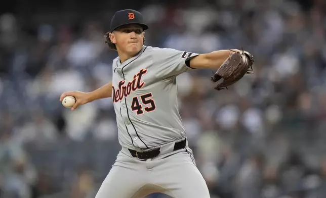 Detroit Tigers' Reese Olson (45) pitches during the first inning of a baseball game against the New York Yankees, Friday, May 3, 2024, in New York. (AP Photo/Frank Franklin II)