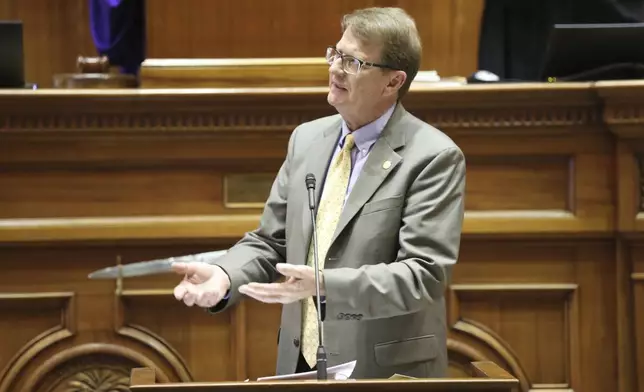 South Carolina Sen. Richard Cash, R-Powdersville, speaks in favor of a bill that would ban gender-affirming care for transgender minors on Wednesday, May 1, 2024, in Columbia, S.C. (AP Photo/Jeffrey Collins)