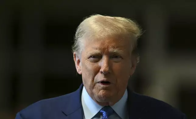 Former President Donald Trump speaks to reporters at Manhattan Criminal Court in New York, Thursday, May 9, 2024. (Angela Weiss/Pool Photo via AP)