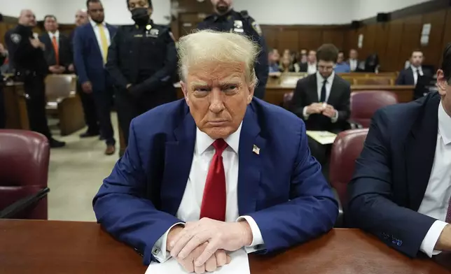 Former President Donald Trump awaits the start of proceedings in his trial at Manhattan criminal court, Monday, May 6, 2024, in New York. (AP Photo/Julia Nikhinson, Pool)