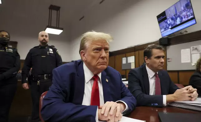Former President Donald Trump sits in Manhattan criminal court, Monday, May 6, 2024 in New York. (Brendan McDermid/Pool Photo via AP)