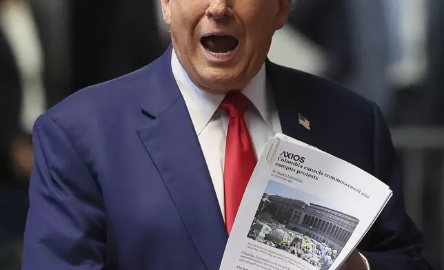 Former President Donald Trump speaks to reporters at Manhattan criminal court, Monday, May 6, 2024 in New York. (Brendan McDermid/Pool Photo via AP)