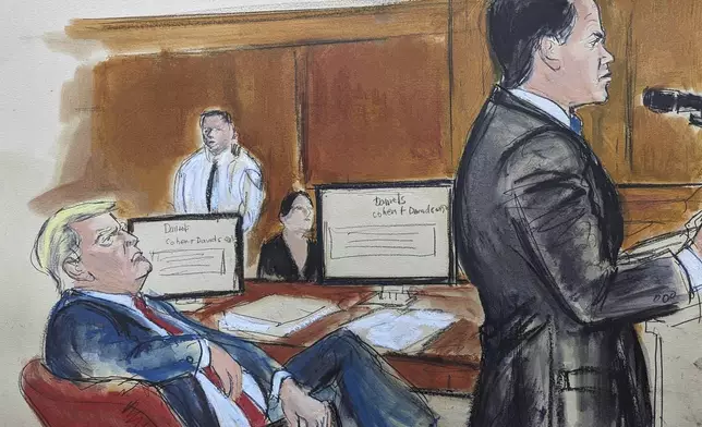 In this courtroom sketch, Tuesday, May 28, 2024, Donald Trump, seated left at the defense table, turns and looks at his attorney Todd Blanche during the defense summation, in New York. (Elizabeth Williams via AP)