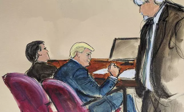 In this courtroom sketch, former President Donald Trump, center, gives Jeffrey McConney a fist bump and smile as he walks out of the courtoom after McConney finished his testimony at Manhattan criminal court, Monday, May 6, 2024, in New York. (Elizabeth Williams via AP)