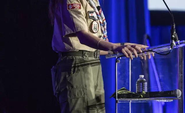 Selby Chipman, 20-year-old, speaks at the Boys Scouts of America annual meeting in Orlando, Fla., Tuesday, May 7, 2024. The Boy Scouts of America is changing its name for the first time in its 114-year history and will become Scouting America. (AP Photo/Kevin Kolczynski)