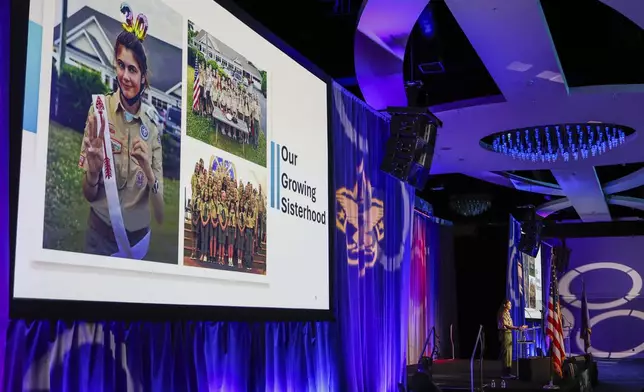 Selby Chipman, 20-year-old, speaks to the Boys Scouts of America annual meeting in Orlando, Fla., Tuesday, May 7, 2024. Chipman, a student at the University of Missouri, is an Inaugural female Eagle Scout and the Assistant Scoutmaster for an all girls troop 8219 in Oak Ridge, N.C. The Boy Scouts of America is changing its name for the first time in its 114-year history and will become Scouting America. (AP Photo/Kevin Kolczynski)