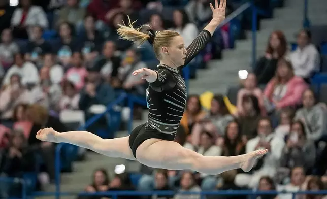 Jade Carey competes in the floor exercise during the U.S. Classic gymnastics event Saturday, May 18, 2024, in Hartford, Conn. (AP Photo/Bryan Woolston)