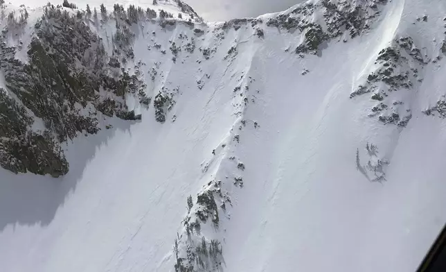 In this image provided by Wasatch Backcountry Rescue and taken from a helicopter shows an avalanche that broke away on either side of a ridge on a slope called Big Willow Aprons in the Wasatch Mountains southwest of Salt Lake City, Thursday, May 9, 2024. Three men were climbing up the ridge when the slide was triggered accidentally. One man was partially buried and was rescued. Two men were killed. Their bodies were recovered early Friday, May 10. (Greg Miller/Wasatch Backcountry Rescue via AP)