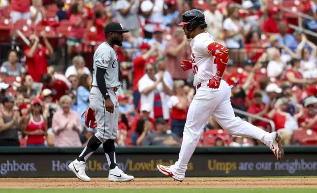 St. Louis Cardinals' Willson Contreras runs the bases after hitting a solo home run during the fourth inning of a baseball game against the Chicago White Sox, Sunday, May 5, 2024, in St. Louis. (AP Photo/Scott Kane)