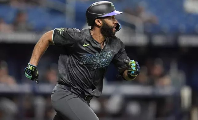 Tampa Bay Rays' Amed Rosario runs the bases after hitting a triple off Chicago White Sox pitcher Mike Clevenger during the third inning of a baseball game Monday, May 6, 2024, in St. Petersburg, Fla. (AP Photo/Chris O'Meara)