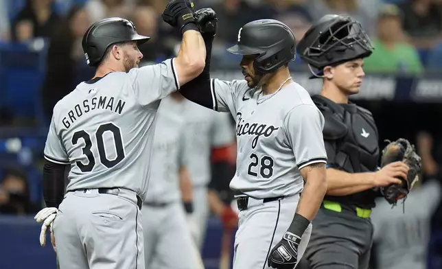 Chicago White Sox's Tommy Pham (28) celebrates with Robbie Grossman (30) after Pham hit a two-run home run off Tampa Bay Rays starting pitcher Tyler Alexander during the third inning of a baseball game Monday, May 6, 2024, in St. Petersburg, Fla. (AP Photo/Chris O'Meara)