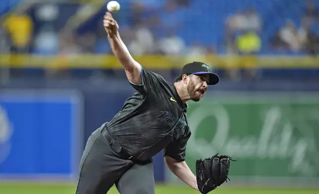 Tampa Bay Rays starting pitcher Aaron Civale delivers to the Chicago White Sox during the first inning of a baseball game Wednesday, May 8, 2024, in St. Petersburg, Fla. (AP Photo/Chris O'Meara)