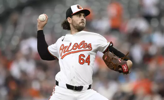 Baltimore Orioles starting pitcher Dean Kremer throws during the second inning of a baseball game against the New York Yankees, Tuesday, April 30, 2024, in Baltimore. (AP Photo/Nick Wass)