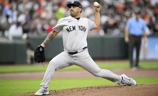 New York Yankees starting pitcher Nestor Cortes throws during the second inning of a baseball game against the Baltimore Orioles, Tuesday, April 30, 2024, in Baltimore. (AP Photo/Nick Wass)