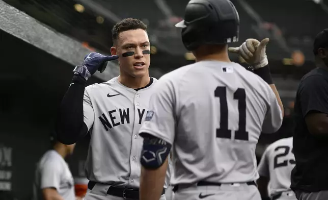 New York Yankees' Aaron Judge, left, and Anthony Volpe (11) react before a baseball game against the Baltimore Orioles, Tuesday, April 30, 2024, in Baltimore. (AP Photo/Nick Wass)