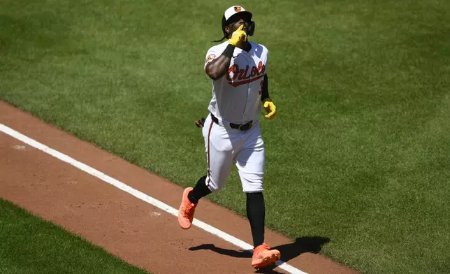 Baltimore Orioles' Jorge Mateo celebrates his home run during the fourth inning of a baseball game against the New York Yankees, Thursday, May 2, 2024, in Baltimore. (AP Photo/Nick Wass)
