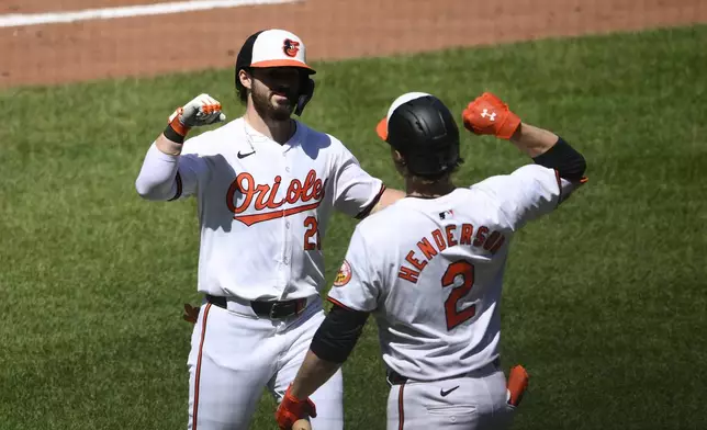 Baltimore Orioles' Ryan McKenna, left, celebrates his home run with Gunnar Henderson, right, during the fourth inning of a baseball game against the New York Yankees, Thursday, May 2, 2024, in Baltimore. (AP Photo/Nick Wass)