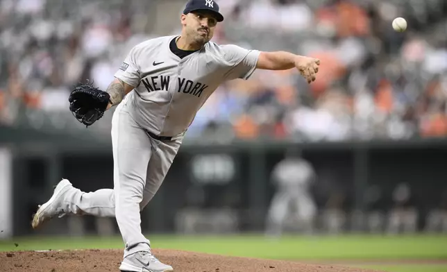 New York Yankees starting pitcher Nestor Cortes throws during the first inning of a baseball game against the Baltimore Orioles, Tuesday, April 30, 2024, in Baltimore. (AP Photo/Nick Wass)