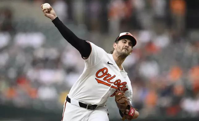 Baltimore Orioles starting pitcher Dean Kremer throws during the first inning of a baseball game against the New York Yankees, Tuesday, April 30, 2024, in Baltimore. (AP Photo/Nick Wass)